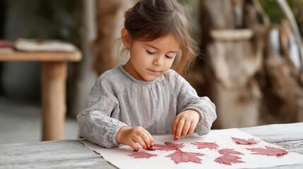 Indigenous child stamping leaf shapes with natural dye, creating eco art at rustic outdoor table