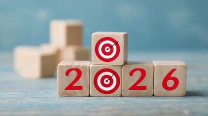 Achieve 2026 goals and targets with focus, wooden block calendar reminder inspiring success and planning for the future, visualizing business growth
