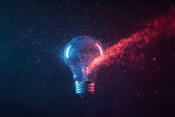 Abstract glowing light bulb exploding into vibrant blue and red particles against a dark atmospheric background symbolizing innovation and creative energy