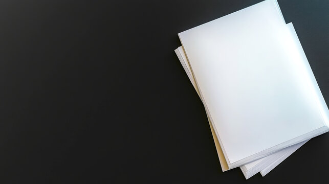Stack of blank white papers on dark background representing clean professional design, offering ample copy space for text or graphics