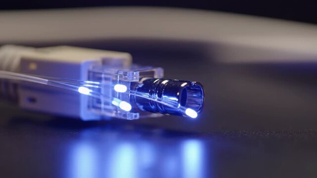 Macro shot of fiber optic cable emitting blue light. Fiber optic cable connectors transmit data, making them essential components of modern networking.