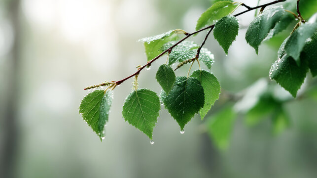 Betula pendula branches with green leaves collecting morning dew droplets and emerging catkins in soft light