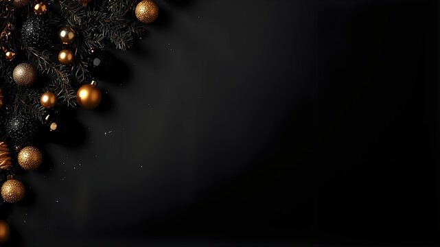 Christmas background flat lay, Merry Christmas card with presents, gifts, christmas tree branches and ornaments on black background winter holiday, New Year theme with space for text - Powered by Adobe