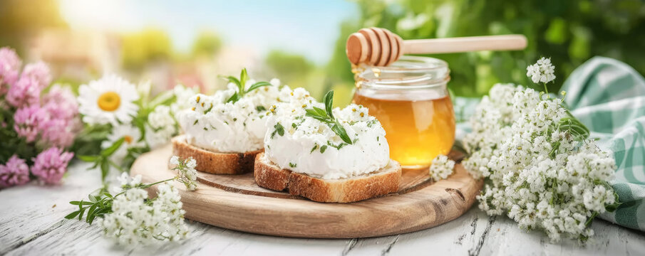 Cottage cheese toast with herbs, serving fresh honey in a jar on a rustic outdoor table during summer
