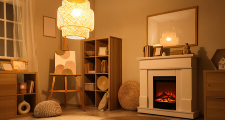 Fototapeta premium Interior of living room with fireplace, blank frame and glowing lamp in evening
