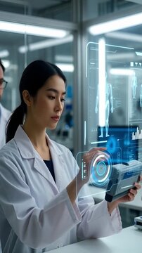 Medical industry scientists in augmented reality discussion in a modern laboratory setting