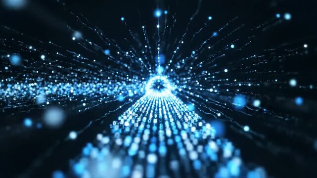 Visualizing modern technology. Communication technology with digital data stream and glowing particle trails. Modern technology abstract background with a vortex and blurred dots and lines,
