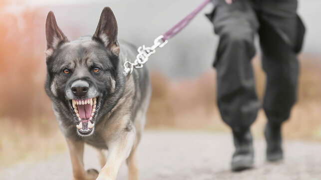 German Shepherd dog baring teeth and aggressively pulling leash, showing danger and warning - Powered by Adobe