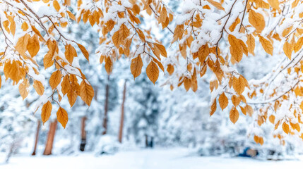 Golden autumn foliage and delicate branches covered in fresh white snow during a winter forest scene