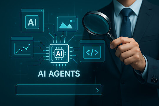 Artificial intelligence agents technology with futuristic virtual data research magnifying glass and digital innovation network system
