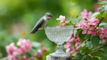 Obraz premium Hummingbird drinking water from glass bird bath in blooming spring garden, attracting wildlife