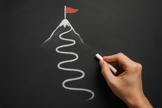 Career development visual showing chalk path towards mountain peak flag representing perseverance hard work dedication and personal success