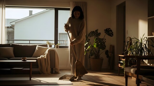 Serene Asian Woman Sweeping and Cleaning Her Modern Home's Living Room Floor, Embracing a Productive and Organized Daily Lifestyle with Warm, Cinematic Natural Light