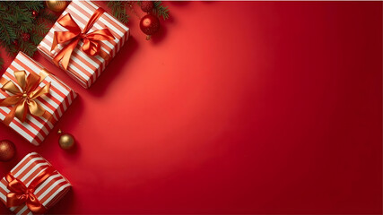 Christmas background flat lay, Merry Christmas card with presents, gifts, christmas tree branches and ornaments on red background winter holiday, New Year theme with space for text