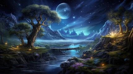 Obraz premium Enchanted Twilight Landscape Under a Luminous Full Moon with a Mystical River and Distant Castle