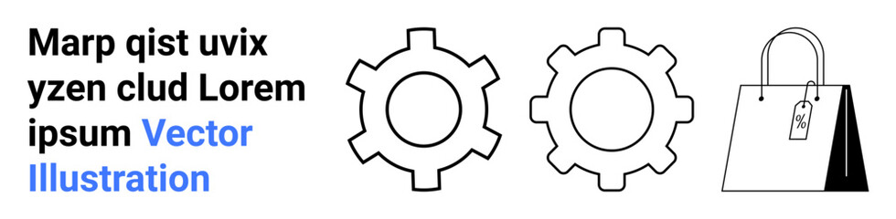 Two gear outlines and a shopping bag combining industrial process design with retail themes. Ideal for business workflow, innovation, commerce, retail, operational efficiency, production, simple