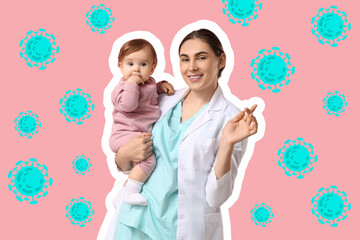 Young female pediatrician with cute little baby on pink background