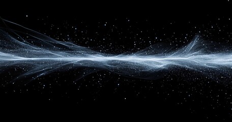 Abstract cosmic nebula with glowing ethereal light streaks and shimmering particles against a deep black void of infinite space