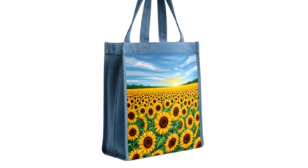 Denim tote bag with sunflower field painting isolated on white background