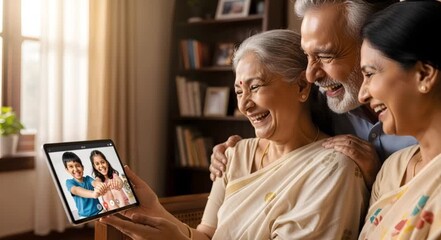 Happy senior Indian grandparents on a video call with their grandchildren. Elderly family smiling and laughing while using a tablet at home. Technology and family connection concept, Makara-Sankranti - Powered by Adobe