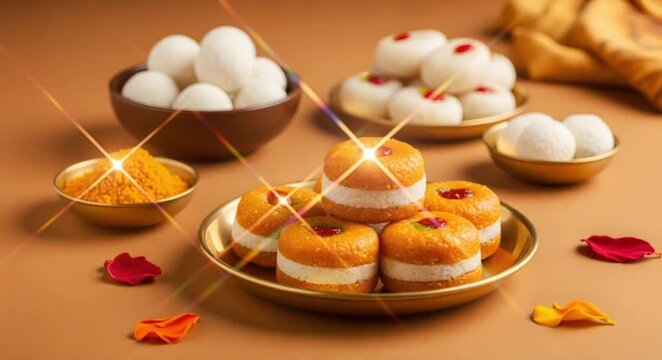 A festive arrangement of traditional Indian sweets like Rasgulla and Sandesh. Close-up of delicious mithai on a plate with sparkling animation. Indian festival food concept, Sweet Makar Sankranti, 