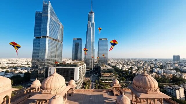 Colorful kites flying over a modern Indian city during the Makar Sankranti festival. A contrast of traditional architecture and modern skyscrapers. Urban development and cultural celebration concept