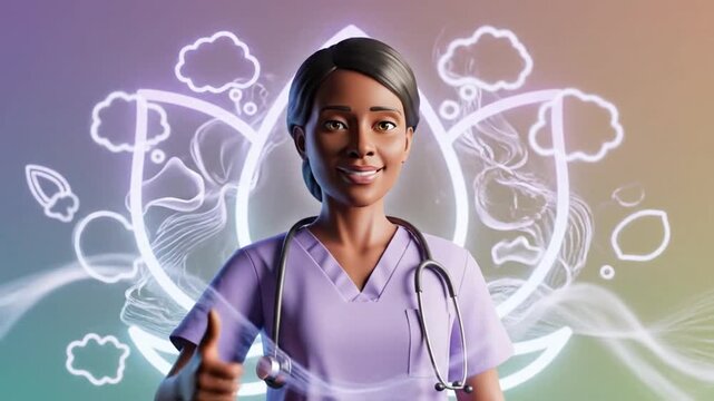 A 3D animated video features a Black female nurse or doctor in purple scrubs with a stethoscope. She begins with her eyes closed in a meditative state against a soft, gradient background. Glowing whit