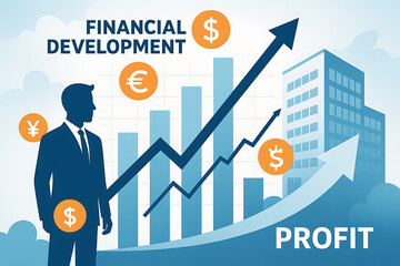 Finance development concept showing profit growth arrows international currencies and businessman silhouette symbolizing economic success wealth creation and financial strategy