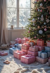 Cozy Christmas Tree and Stacked Gifts in Pastel Pink and Blue Hues Near a Frosty Window with Copy Space