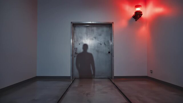 Doorway scene with ominous red light, camera pans to reveal shadowy figure approaching, creating suspenseful atmosphere and tension in the space