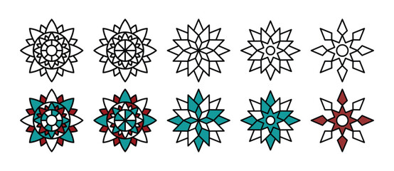 A detailed set of Islamic geometric rosette and star mandala patterns featuring clean line art and colorful decorative ornamental vector designs.