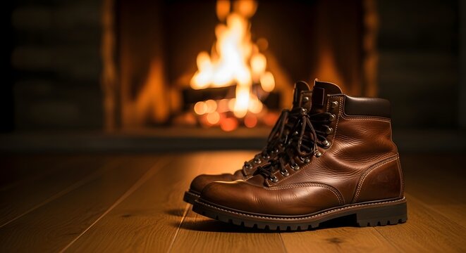 Brown leather work boots drying on a wooden floor in front of a cozy fireplace for winter warmth concept and comfortable relaxation - Powered by Adobe