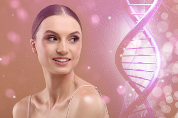 Beauty and science. Attractive woman against dusty rose background with DNA and bokeh lights