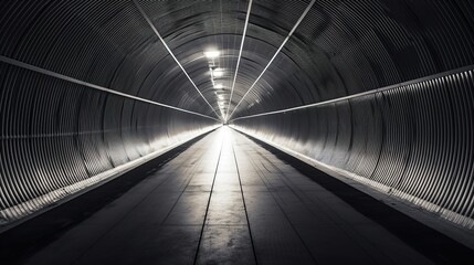 Endless Tunnel of Light with Industrial Corrugated Walls and Overhead Lights