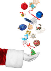 Santa Claus levitating festive decor and treats on white background, closeup. Christmas magic