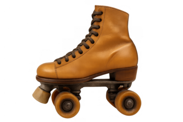 Single brown leather quad roller skate featuring classic design, brown laces, and orange wheels on a transparent background