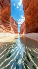 A scenic view of a canyon with water flowing through it, under a bright blue sky with clouds. The rock formations are red and orange.