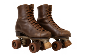 Vintage quad roller skates, a pair of classic brown leather footwear for retro sports, recreation, and disco fun, on transparent background