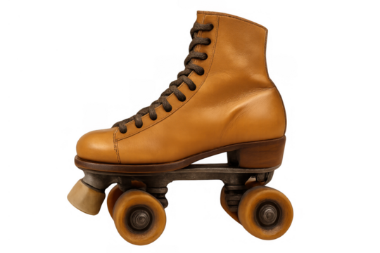 Single brown leather quad roller skate featuring classic design, brown laces, and orange wheels on a transparent background - Powered by Adobe