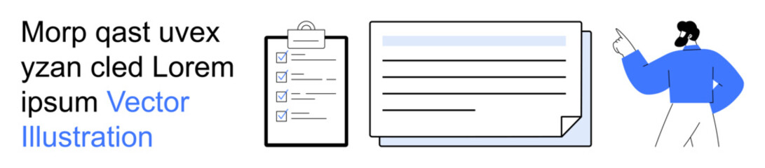 Project management, communication, workflow optimization, information organization, task delegation, productivity. A clipboard, document and person pointing. Communication and project management