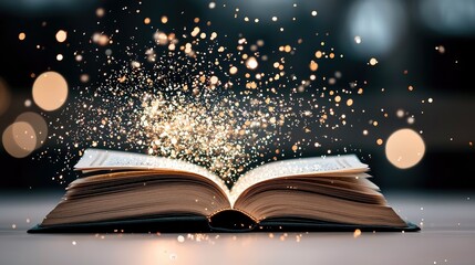 An open book with glowing particles emanating from it, set against a blurred dark background, creating a magical atmosphere.
