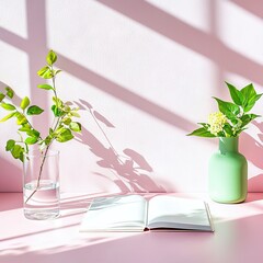 An open book, two vases with green plants, and shadows on a pink background. The scene is bright and airy.