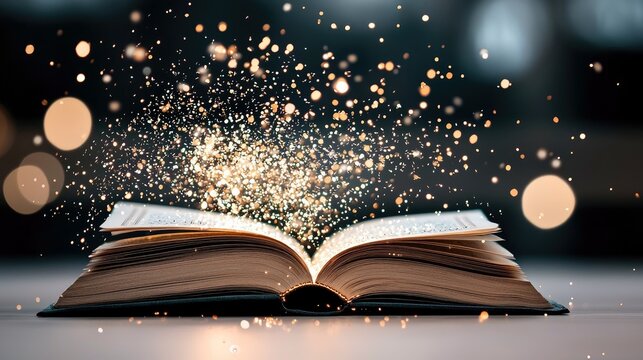 An open book with glowing particles emanating from it, set against a blurred dark background, creating a magical atmosphere. - Powered by Adobe
