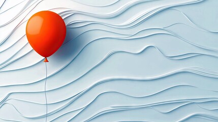An orange balloon floats against a textured, wavy blue background, creating a visually striking and minimalist composition.