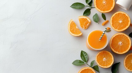 Overhead shot of fresh orange juice in a cup with a straw, surrounded by orange slices and green leaves on a white surface. Healthy and refreshing concept.
