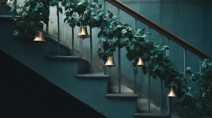 Decorated staircase with brass bells and lush greenery creating elegant holiday ambiance for christmas decor and new year styling concept of seasonal home decoration