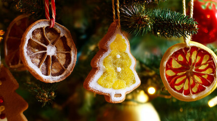 Gingerbread and dried citrus christmas ornaments hanging on green tree branches with warm festive lights concept of holiday decor winter celebration food styling