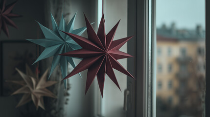 Paper Christmas stars in warm tones hanging by a window creating a cozy winter festive decor atmosphere in a minimalist interior