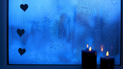 Blue candles by a foggy window with hanging hearts creating a cozy winter warm and romantic atmosphere