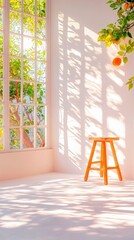 A wooden stool sits in a sunlit room with a large window and an orange tree branch. The scene is bathed in soft, natural light, creating a peaceful atmosphere.